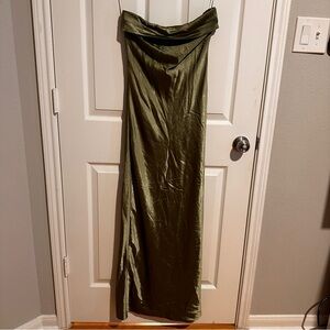 olive green satin strapless dress